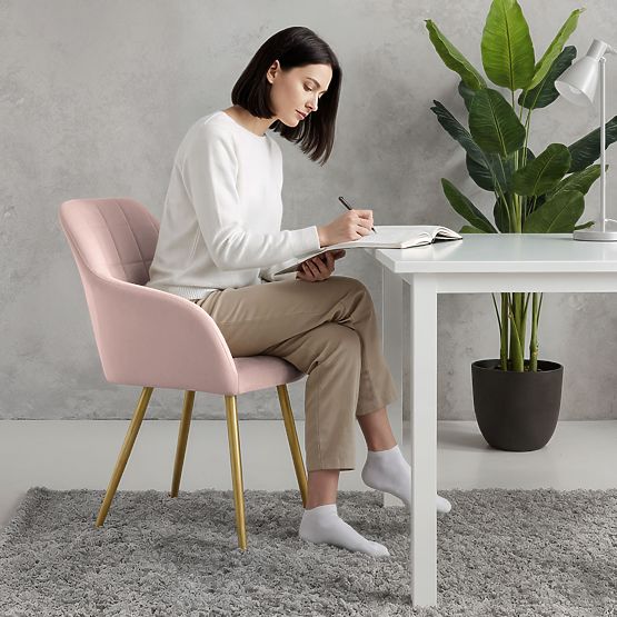 4x Čalúnená stolička so štvorcovým prešívaním Púdrová Ružová LUXANO Zlaté nohy