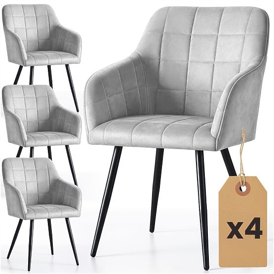 4x Čalúnená stolička so štvorcovým prešívaním Sivá LUXANO Čierne nohy