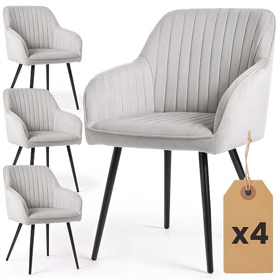 4x Zamatová čalúnená stolička s prešívaním Sivá FLORENCE Čierne nohy