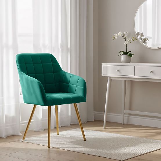 6x Čalúnená stolička so štvorcovým prešívaním Smaragdovo Zelená LUXANO Zlaté nohy