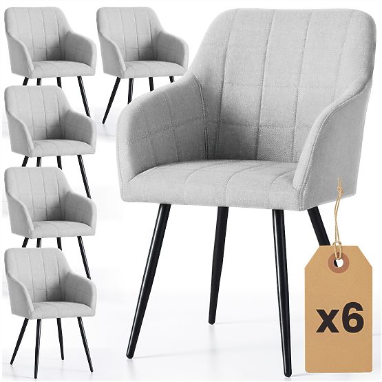 6x Čalúnená stolička so štvorcovým prešívaním Svetlosivá LUXANO Čierne nohy látka Lumos