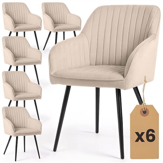 6x Zamatová čalúnená stolička s prešívaním Béžová FLORENCE Čierne nohy