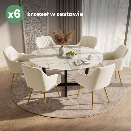 6x Zamatová čalúnená stolička s prešívaním Krémová FLORENCE Zlaté nohy