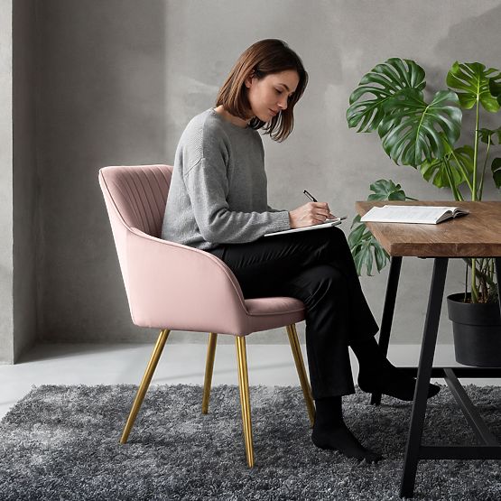 6x Zamatová čalúnená stolička s prešívaním Púdrovo Ružová FLORENCE Zlaté nohy