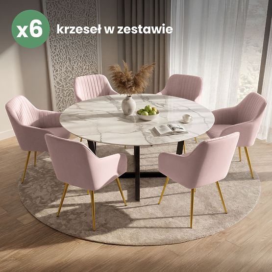 6x Zamatová čalúnená stolička s prešívaním Púdrovo Ružová FLORENCE Zlaté nohy