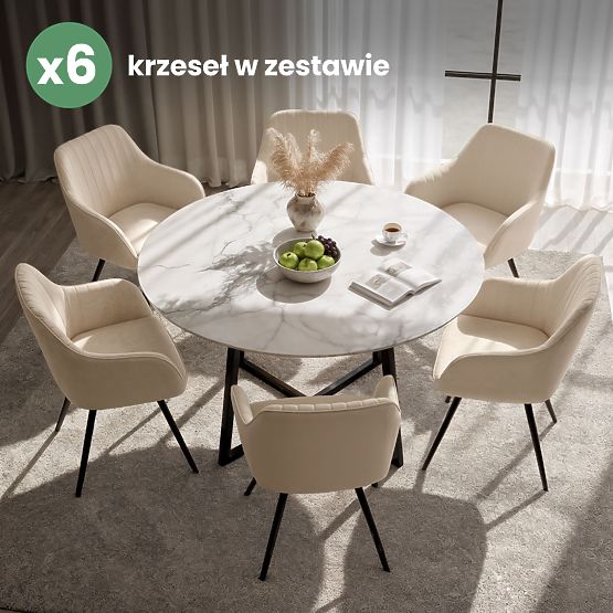 6x Zamatová otočná stolička s prešívaním Béžová TURNO Čierne nohy