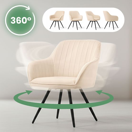 6x Zamatová otočná stolička s prešívaním Béžová TURNO Čierne nohy