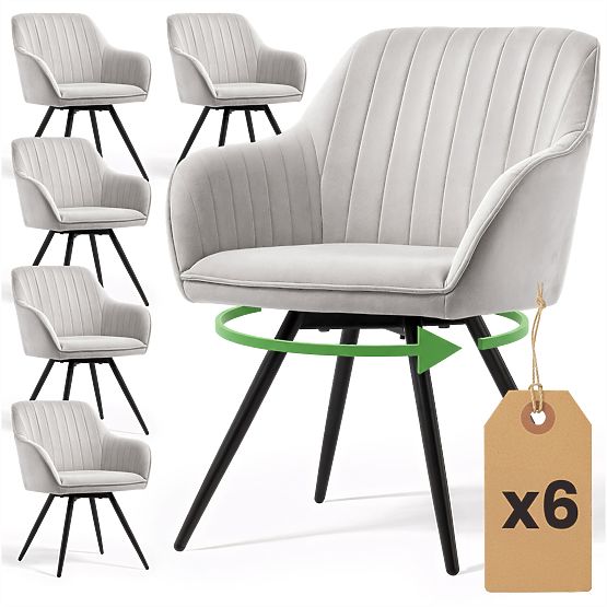 6x Zamatová otočná stolička s prešívaním Sivá TURNO Čierne nohy