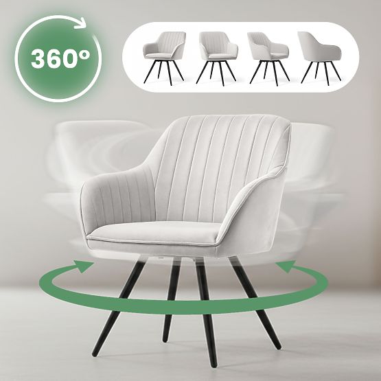 6x Zamatová otočná stolička s prešívaním Sivá TURNO Čierne nohy