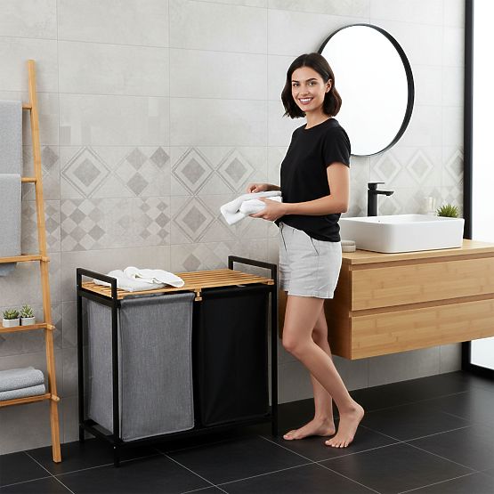 bambusový kôš na bielizeň alebo hračky HANOI BLACK 2 priehradky DUO FARBA