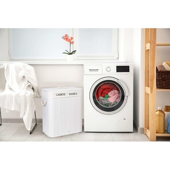 Bambusový kôš s vekom 100L 2 komory biely