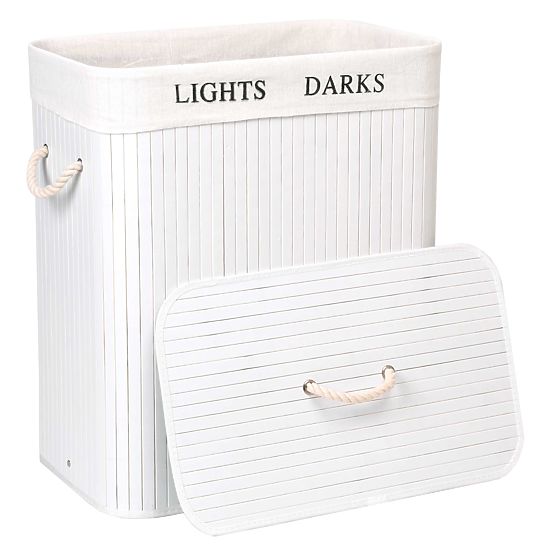 Bambusový kôš s vekom 100L 2 komory biely