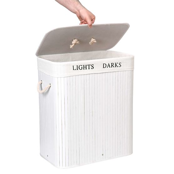 Bambusový kôš s vekom 100L 2 komory biely