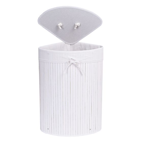 Bambusový rohový kôš na bielizeň s bielym vekom