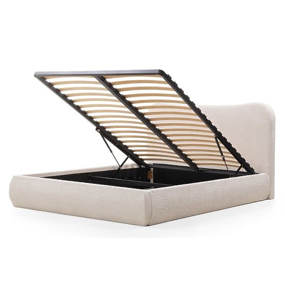 Čalúnená posteľ Derry 140x200 cm, s roštom a úložným priestorom, zaoblená, béžová