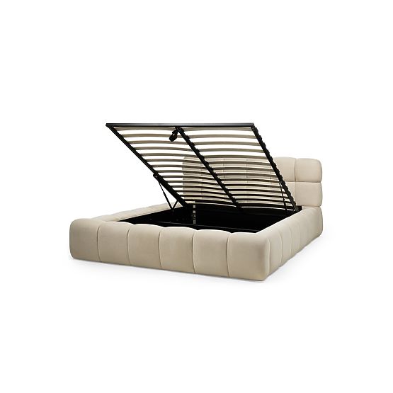 Čalúnená posteľ Nexo 160x200 cm, s roštom a úložným priestorom, svetlo béžová, oblých tvarov