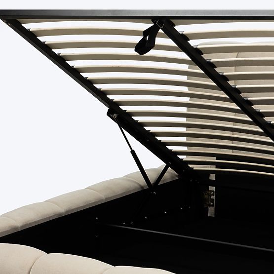 Čalúnená posteľ Nexo 160x200 cm, s roštom a úložným priestorom, svetlo béžová, oblých tvarov