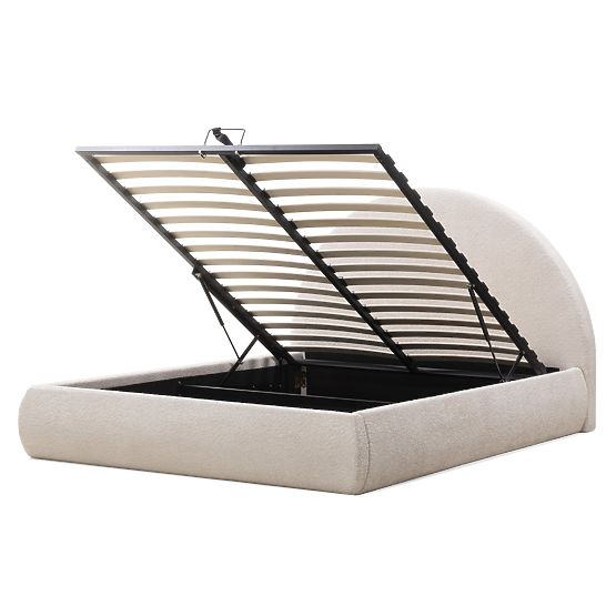 Čalúnená posteľ Orbi 140x200 cm, s roštom a úložným priestorom, zaoblená, béžová