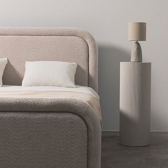 Čalúnená posteľ Ovoid 160x200 cm, s roštom a úložným priestorom, zaoblená, béžová