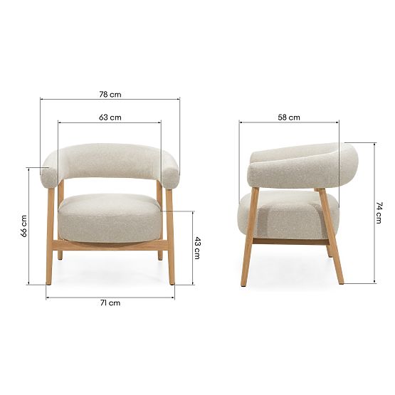 Čalúnená stolička/kreslo Montepulciano, svetlo béžová/dubové drevo, zaoblené