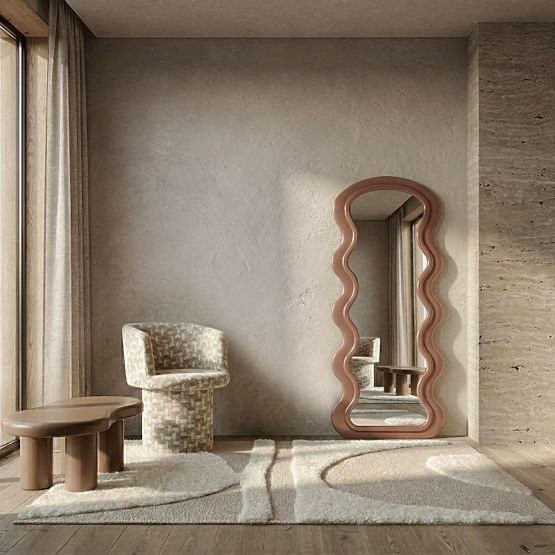 Dekoratívne závesné zrkadlo v drevenom ráme Vale 177x75 cm, vlnité, organický tvar, mocha mo