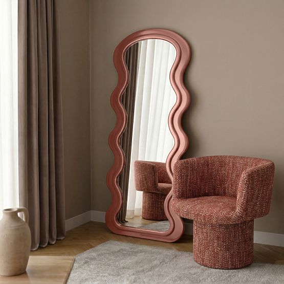 Dekoratívne závesné zrkadlo v drevenom ráme Vale 177x75 cm, vlnité, organický tvar, mocha mo