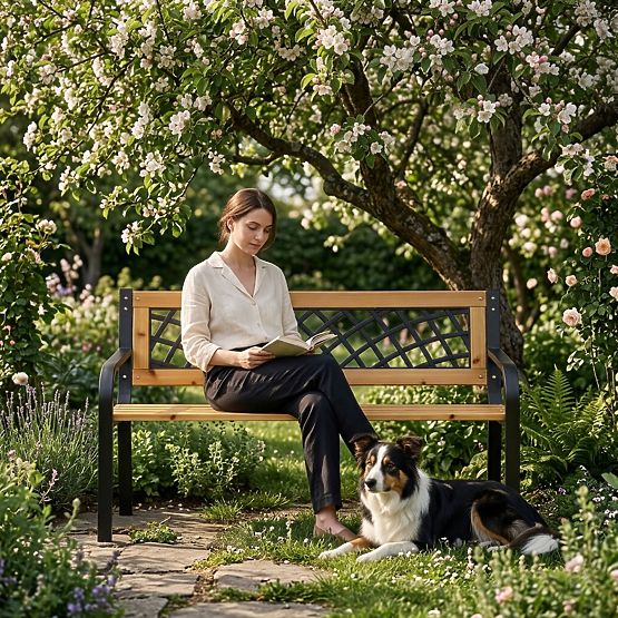 Drevená záhradná lavička s mriežkovým operadlom 118x52 cm parková MultiGarden