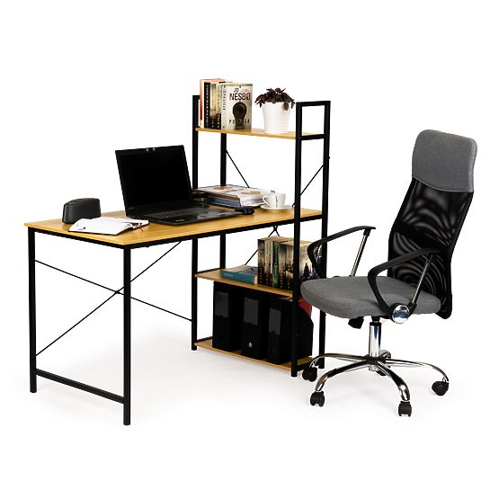 Drevený počítačový stôl s policami loft