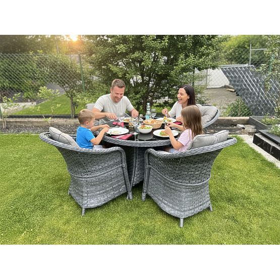 Jedálenská súprava z technoratanu (okrúhly stôl + 4 kreslá) MODERNO sivá