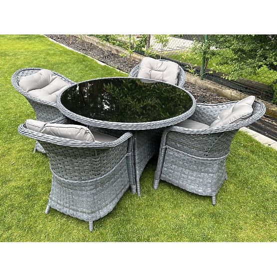 Jedálenská súprava z technoratanu (okrúhly stôl + 4 kreslá) MODERNO sivá