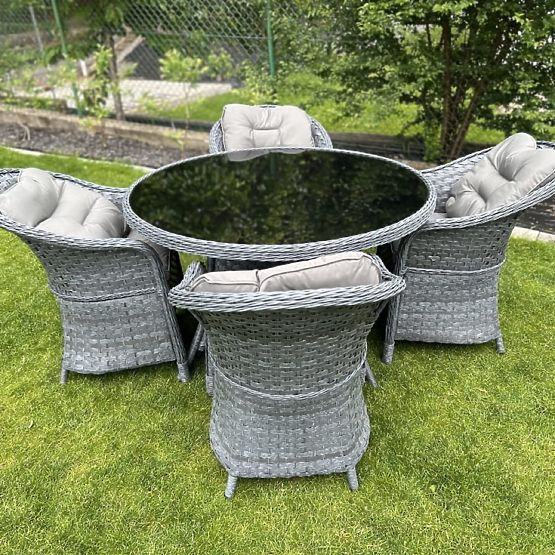 Jedálenská súprava z technoratanu (okrúhly stôl + 4 kreslá) MODERNO sivá