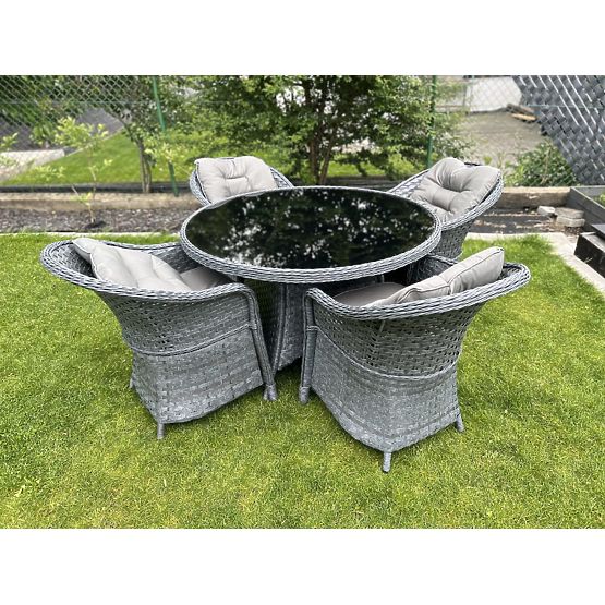 Jedálenská súprava z technoratanu (okrúhly stôl + 4 kreslá) MODERNO sivá