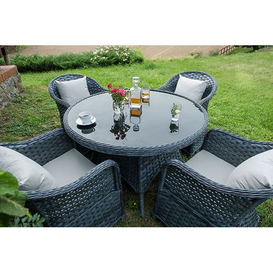 Jedálenská súprava z technoratanu (okrúhly stôl + 4 kreslá) MODERNO sivá