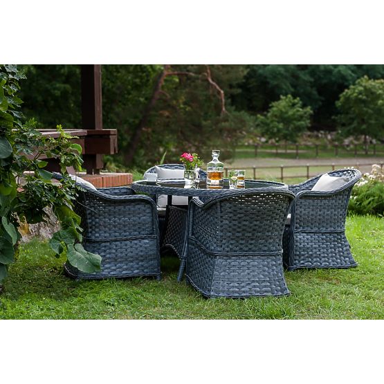 Jedálenská súprava z technoratanu (okrúhly stôl + 4 kreslá) MODERNO sivá