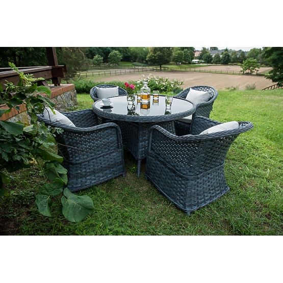 Jedálenská súprava z technoratanu (okrúhly stôl + 4 kreslá) MODERNO sivá