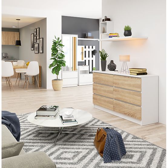 KOMODA K 140 cm 6 ZÁSUVIEK PK BIELA / SONOMA