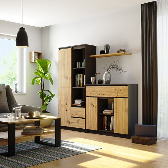 KOMODA K100 2D 3SZ 1P PK GRAFITOVÁ ŠEDÁ / DUB ARTISAN