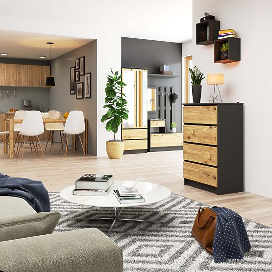 KOMODA K60 4SZ CLP PK GRAFITOVÁ ŠEDÁ / DUB ARTISAN