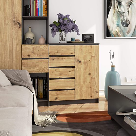 KOMODA K80 1D 5SZ PK GRAFITOVÁ ŠEDÁ / DUB ARTISAN