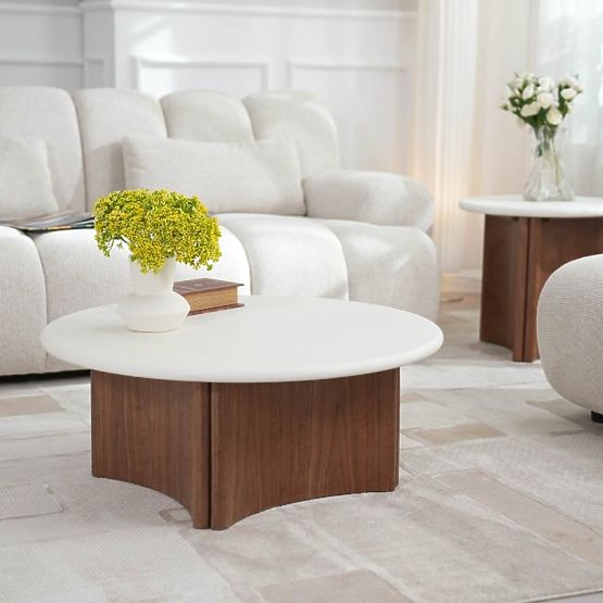 Konferenčný stolík Marlo 80 cm, krémovo biely/orech, mikrocement