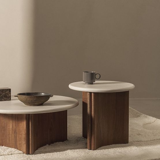 Konferenčný stolík Marlo 80 cm, krémovo biely/orech, mikrocement