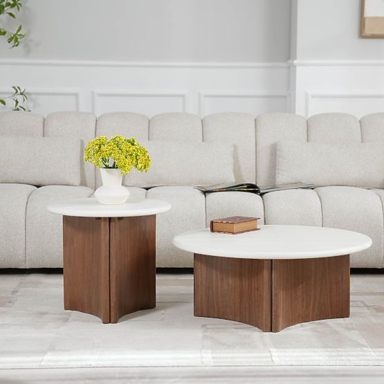 Konferenčný stolík Marlo 80 cm, krémovo biely/orech, mikrocement