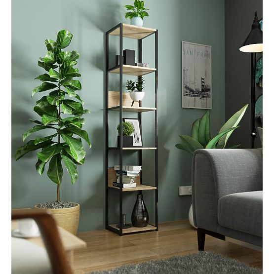 Kovový loftový regál 40 cm - čierny-dub sonoma - 6 políc