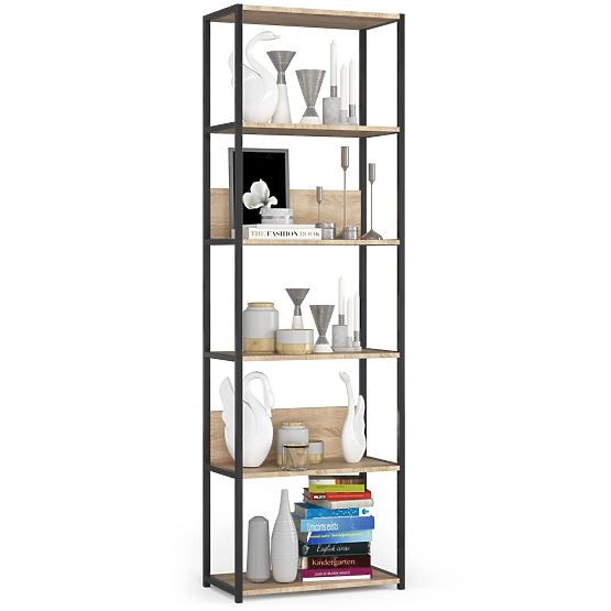 Kovový loftový regál 60 cm - čierny-dub sonoma - 6 políc