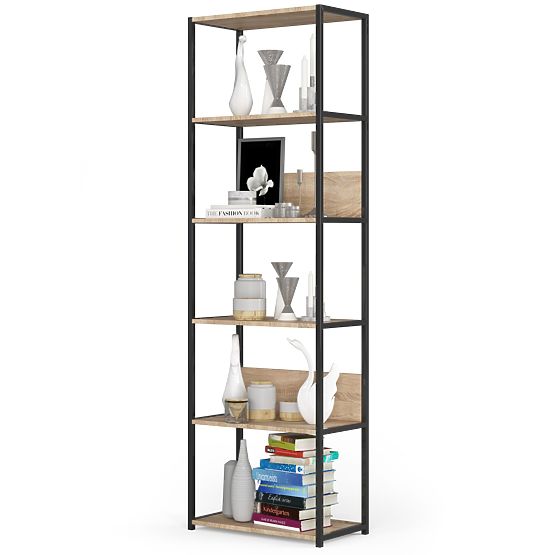 Kovový loftový regál 60 cm - čierny-dub sonoma - 6 políc