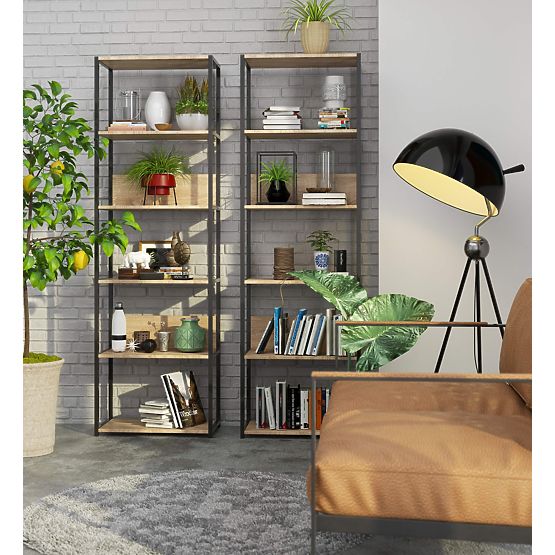 Kovový loftový regál 60 cm - čierny-dub sonoma - 6 políc