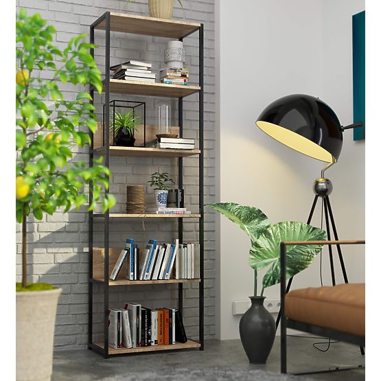Kovový loftový regál 60 cm - čierny-dub sonoma - 6 políc