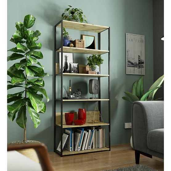 Kovový loftový regál 80 cm - čierny-dub artisan - 6 políc