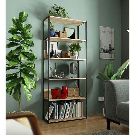Kovový loftový regál 80 cm - čierny-dub sonoma - 6 políc