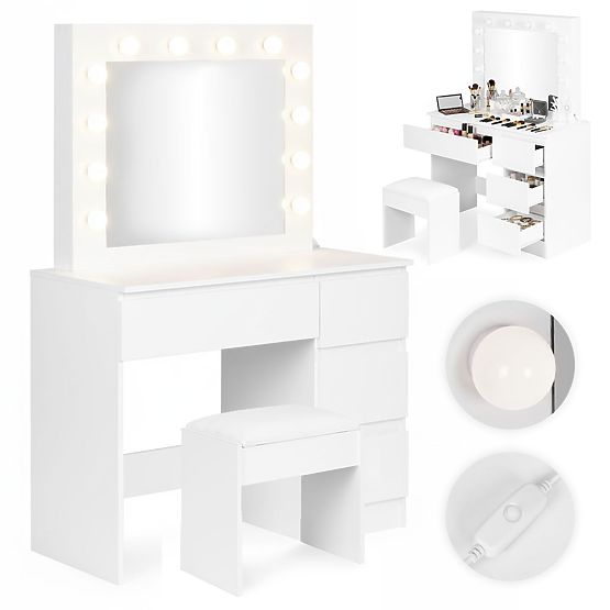 Kozmetický toaletný stolík so zrkadlom a LED osvetlením 4 zásuvky taburet ModernHome